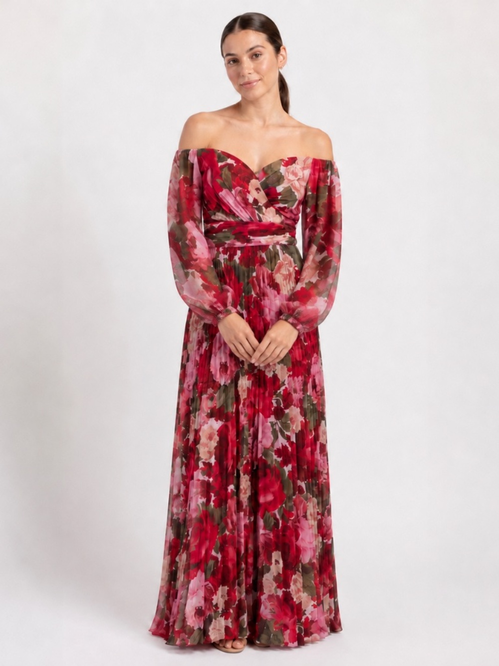XSCAPE - Petite Floral-Print Pleated Off-the-Shoulder Gown